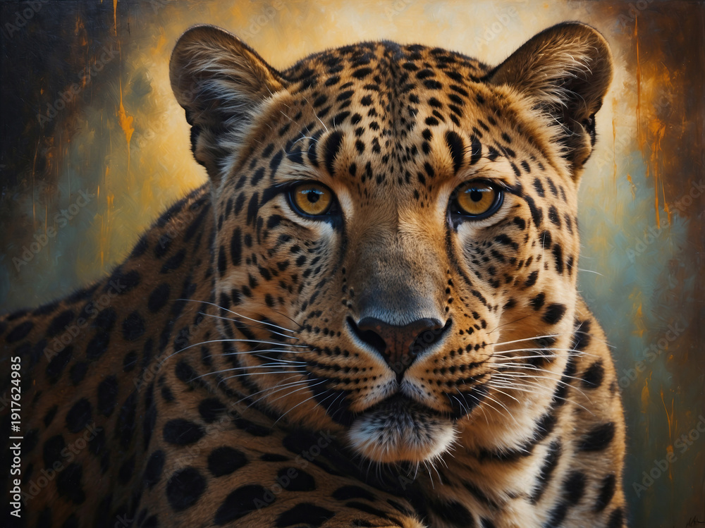 Obraz premium Elegant mixed media painting of a majestic leopard portrait, featuring dramatic lighting and rich detail