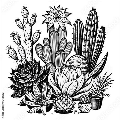 Hand Drawn Cactus and Succulent Collection Botanical Line Art Vector Illustration