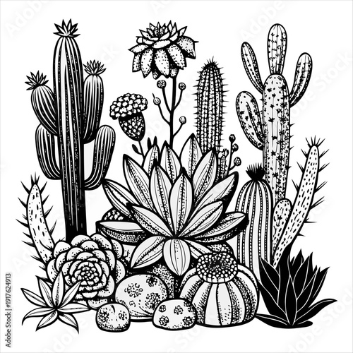 Hand Drawn Cactus and Succulent Collection Botanical Line Art Vector Illustration