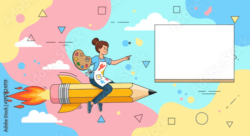 Young girl flying on giant pencil with art supplies in hand, surrounded by clouds and shapes in whimsical sky