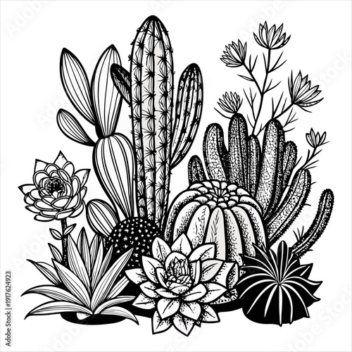 Hand Drawn Cactus and Succulent Collection Botanical Line Art Vector Illustration