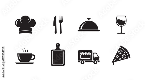 Food Service Icons: Chef Hat, Utensils, Coffee, Pizza, Food Truck