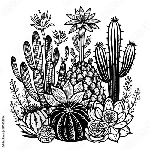 Hand Drawn Cactus and Succulent Collection Botanical Line Art Vector Illustration