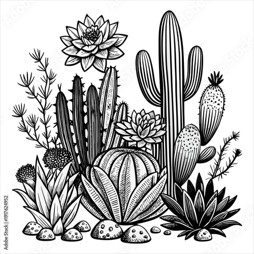 Hand Drawn Cactus and Succulent Collection Botanical Line Art Vector Illustration