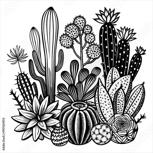 Hand Drawn Cactus and Succulent Collection Botanical Line Art Vector Illustration