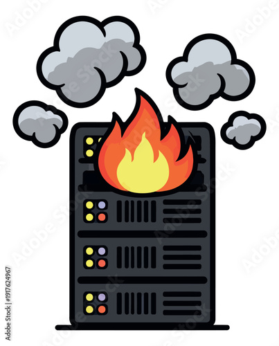 Cartoon line art illustration of a server rack depicting a system on fire and smoking for IT failure scenarios