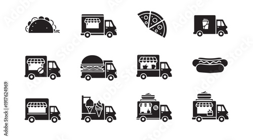 Food Truck Icons Collection: Taco, Pizza, Burger, Ice Cream & Hot Dog Street Food Vehicles