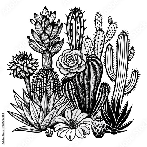 Hand Drawn Cactus and Succulent Collection Botanical Line Art Vector Illustration