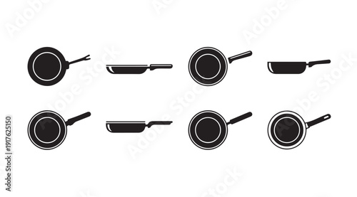 Frying Pan Icons Set - Various Angles and Styles for Cooking and Kitchen Use