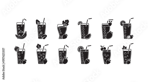 Fruit Juice Drinks Icons Collection with Straws and Garnishes on White Background