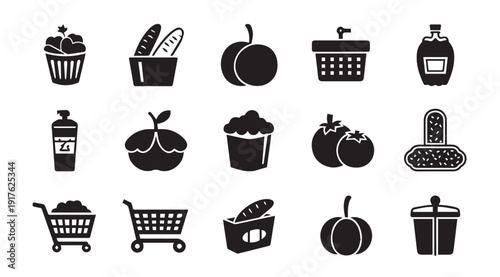 Grocery Icons Set: Food, Shopping Carts, Baskets, Produce, Bakery, Drinks