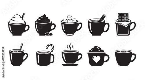 Hot Chocolate and Coffee Icons Collection: Winter Drinks with Toppings and Candies