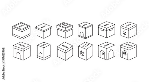 Islamic Charity Boxes Icons Collection - Donation and Zakat Symbol Line Art