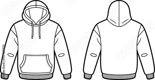 Detailed technical fashion illustration of hooded sweatshirt front and back view with kangaroo pocket, ribbed cuffs, waistband, and seam lines