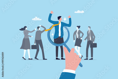 Employment HR scanning out standing candidate, analyze talent skill for job vacancy, search or hiring assessment evaluation, businessman human resources hand magnifying glass scan job candidate.