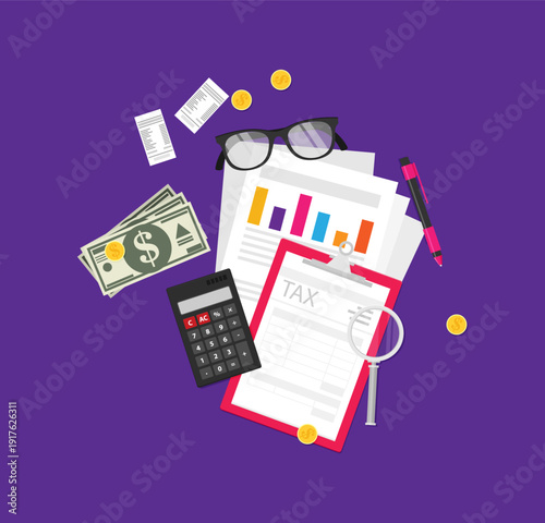 Auditor work desk, accounting paperwork, business research, financial audit, auditing tax process, report data analysis, analytics, financial research report, project desktop vector, color background