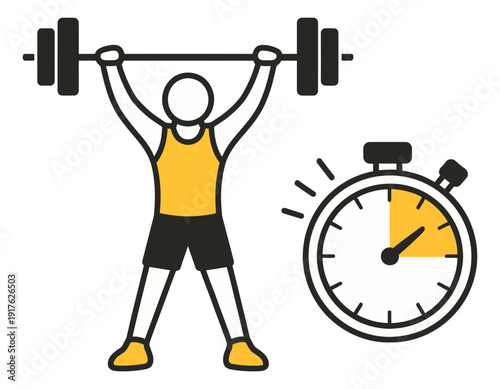 Line art illustration of a weightlifter lifting a barbell depicting a timed workout for fitness training