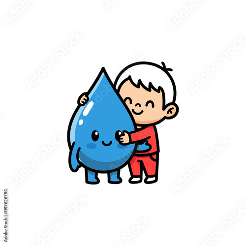 A cartoon boy with white hair and a red shirt happily hugging a cute blue water droplet character on a white background.