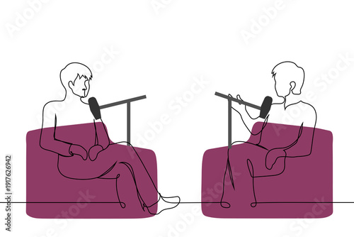 two men sitting in armchairs and recording a podcast with microphones, vector illustration, representing communication, interview, and broadcasting concepts