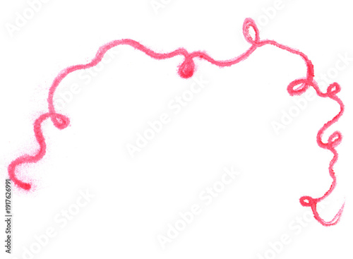 Red watercolor pencil drawing of a looping divider line on wet paper, textured artistic hand-drawn element on white background