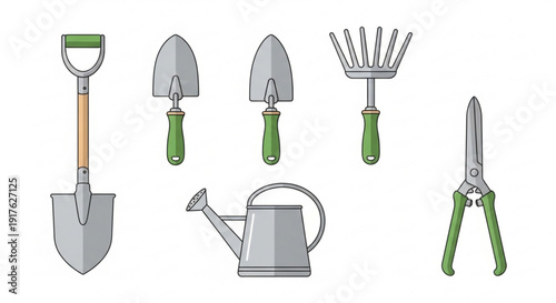 Gardening tools on white background shovel trowels pruners watering