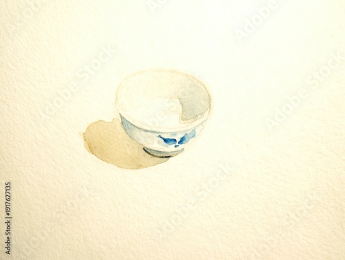 A watercolor painting of a delicate white and blue bowl casting a soft shadow on a textured paper