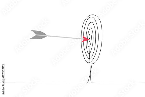 line drawing of a grey arrow hitting the red center of a target board, vector illustration, representing business goals, achievement, success, and accurate marketing strategy