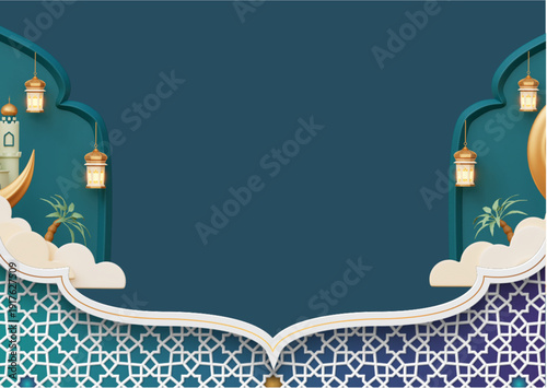 ramadhan kareem. islamic greetings ramadan kareem card design background with lanterns and crescent moon. vector illustration