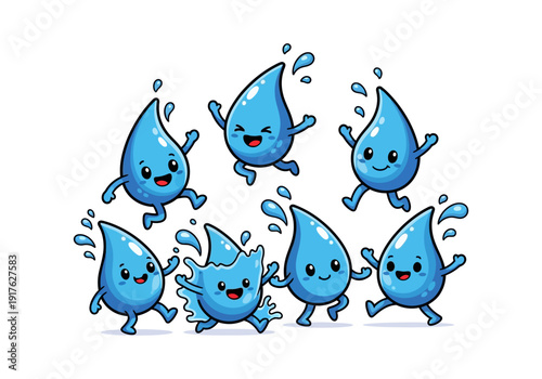 A group of cheerful blue cartoon water droplets with happy faces, arms, and legs, jumping and splashing playfully.