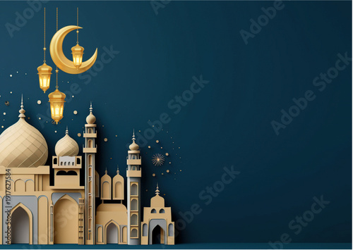ramadhan kareem. islamic greetings ramadan kareem card design background with lanterns and crescent moon. vector illustration