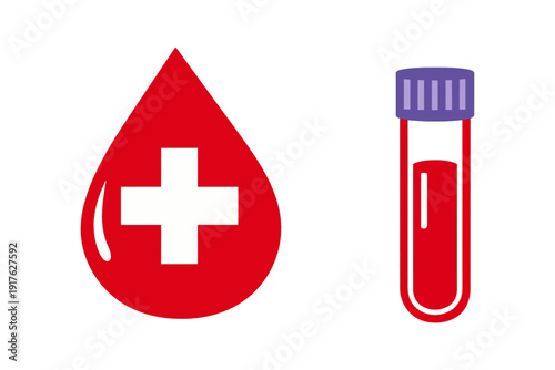 Flat design medical set featuring a blood drop with a cross and a blood sample test tube for healthcare, donation, and laboratory testing