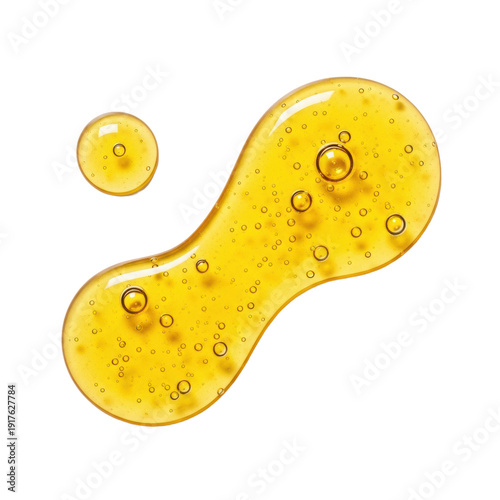 ultra-realistic macro top-down of radiant golden yellow viscous liquid, forming spherical drop and wavy spill with trapped air bubbles, isolated on white background. concept for luxury beauty product