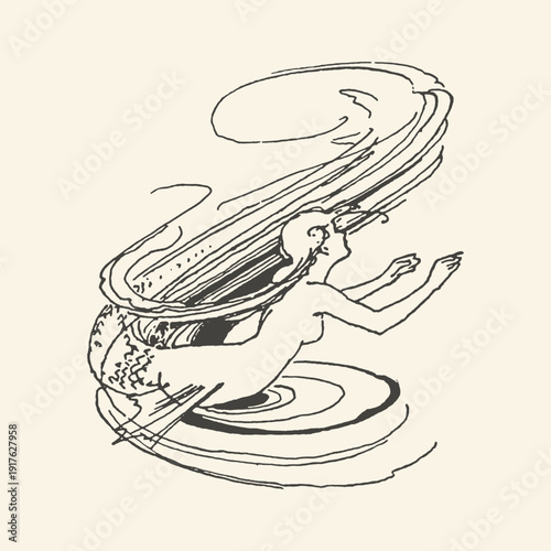 Ethereal illustration of a woman emerging from a swirling vortex of water, evoking mystery and fantasy