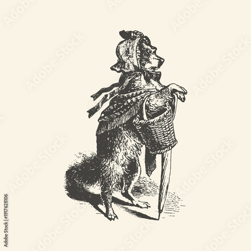 Amusing antique illustration of a fox dressed as a woman, carrying a basket and umbrella, ready for a walk