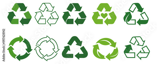 Green recycle symbol set featuring various triangular and circular arrow designs for eco-friendly and sustainability concepts
