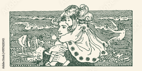 Dreamy Vintage Engraving of a Man Carrying a Child on His Shoulders Amidst Stylized Ocean Waves and Mermaids, Evoking Whimsical Fantasy in Green and Cream