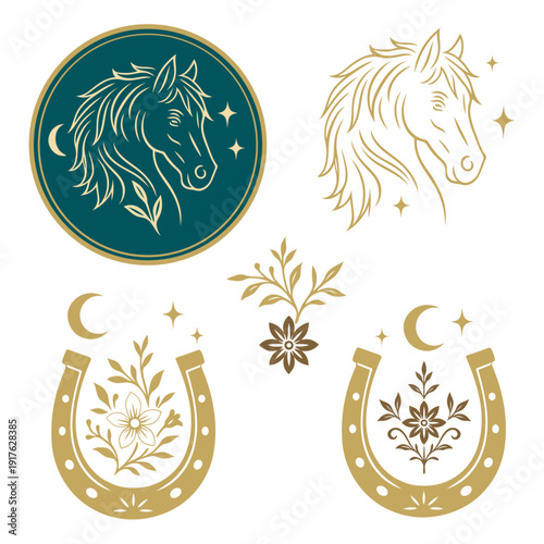 Pferde Design Elements Set - Boho Equestrian Vektor Embleme