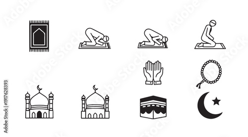 Islamic prayer icons: rug, prostration, Kaaba, mosque, prayer beads, crescent moon, star, hands