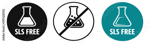 Graphic icon set featuring SLS free and no SLS symbols with laboratory flasks for product labeling and cosmetics