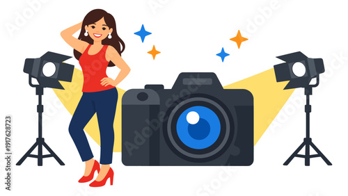 Modern illustration of a woman depicting a professional photoshoot for a media concept