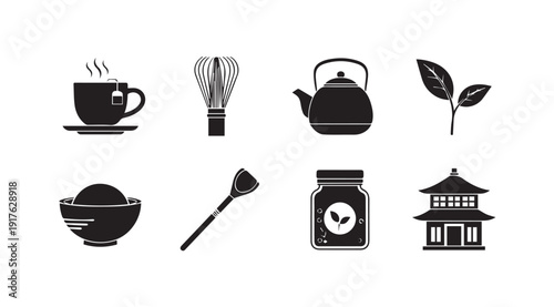 Japanese Tea Ceremony Icons Set: Whisk, Kettle, Bowl, Jar, Pagoda