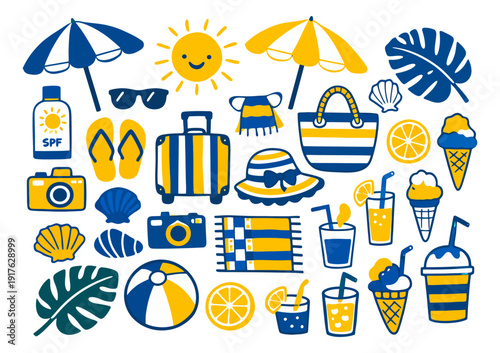 Hand drawn line art summer vacation icons set featuring beach essentials, travel items, and refreshing drinks for summer holidays