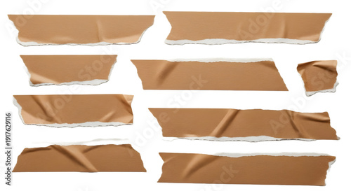 Set of Brown Torn Adhesive Masking Tape Isolated on White Transparent Background, Ripped Paper Tape Sticker Mockup