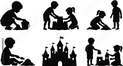 Children Playing in Sand Silhouettes with Sandcastle Building Beach Activity Vector Illustration Set