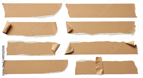 Set of Brown Torn Adhesive Masking Tape Isolated on White Transparent Background, Ripped Paper Tape Sticker Mockup