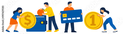 Flat design money management illustration set featuring people with coins, a wallet, and a credit card for financial transactions and saving