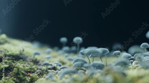 Wallpaper Mural Small translucent mushrooms thriving on a vibrant bed of moss and organic matter, creating an enchanting natural ecosystem in a calm, mystical environment Torontodigital.ca