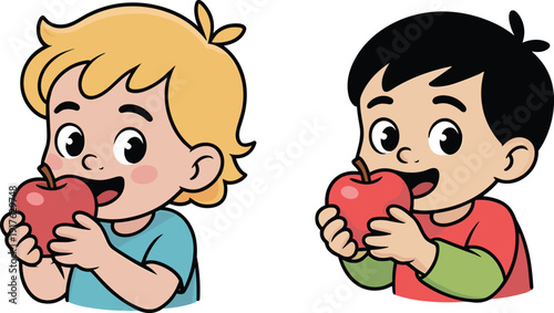 Cute cartoon boys eating red apples healthy fruit snack vector illustration isolated on white background