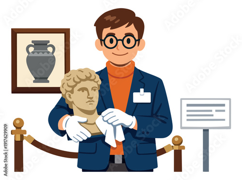 Modern flat design illustration of a museum curator depicting carefully holding an ancient bust for an art exhibition