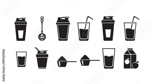 Protein Shaker Bottle Icons, Measuring Scoops, Glasses, and Milk Carton Vector Graphics